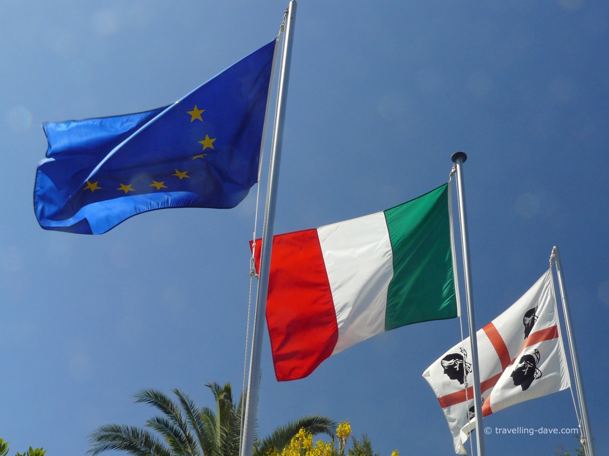 The flags of Sardinia, Italy and Europe