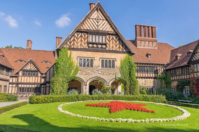 View of Cecilienhof Palace with a red star at the front