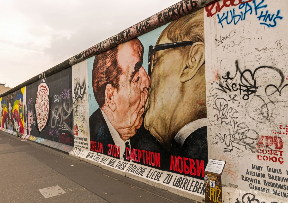 The famous "Socialist fraternal kiss" painted on the Berlin Wall
