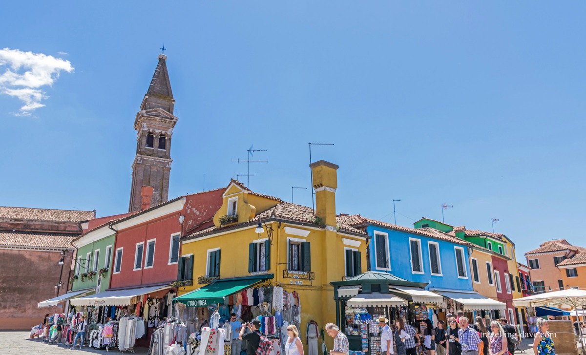 View of houses and church in Burano