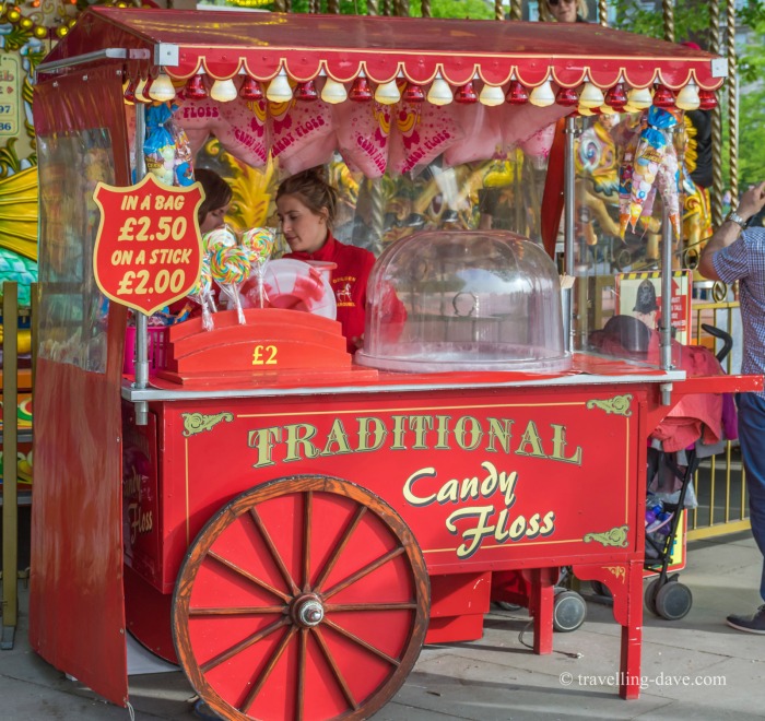 View of a red candy floss cart