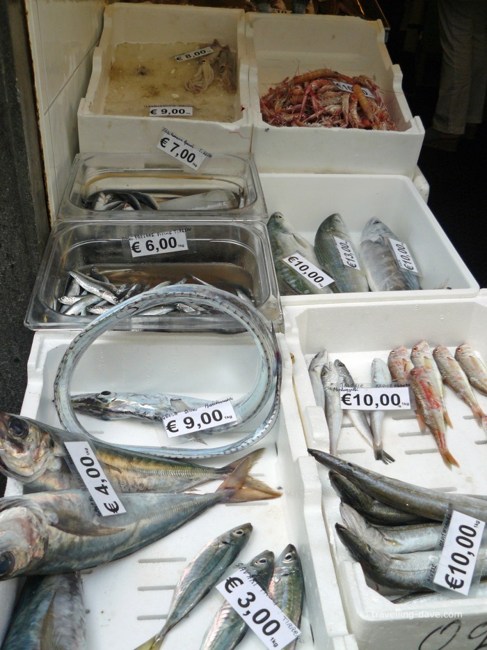 Fish on display outside a shop in Amalfi