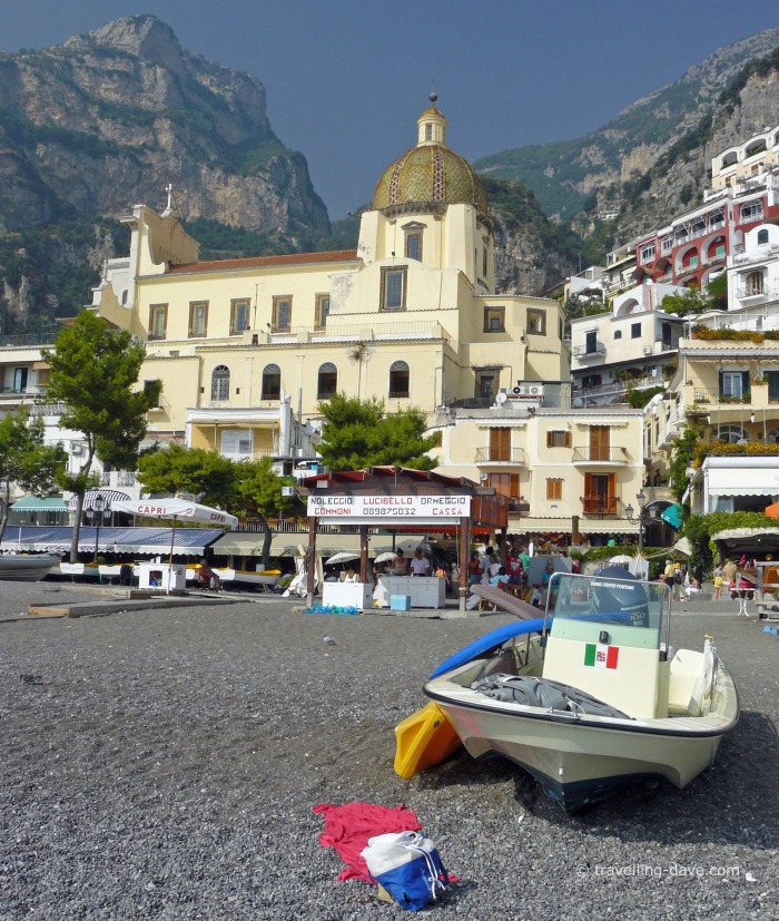 View of the beach and the cathedral in Positano