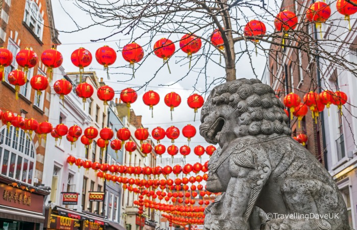 Lanterns and lion statues in London's Chinatown